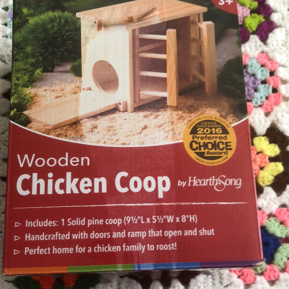 HearthSong wooden chicken coop and felt chickens playset.